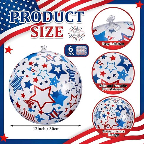 Foilswirl 6 Pcs 4th of July Light up Beach Balls 12 Inch Patriotic Light up Beach Balls Bulk Giant Inflatable Red White and Blue Ball for Adults 250th Anniversary Beachy Summer Pool Outdoor Decor in Kuwait