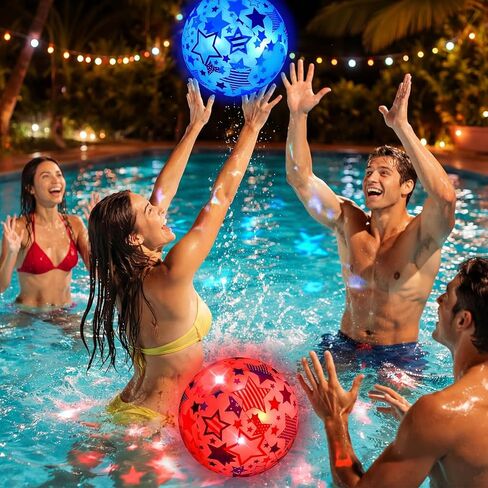 Foilswirl 6 Pcs 4th of July Light up Beach Balls 12 Inch Patriotic Light up Beach Balls Bulk Giant Inflatable Red White and Blue Ball for Adults 250th Anniversary Beachy Summer Pool Outdoor Decor in Kuwait