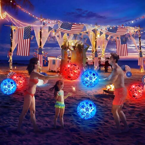 Foilswirl 6 Pcs 4th of July Light up Beach Balls 12 Inch Patriotic Light up Beach Balls Bulk Giant Inflatable Red White and Blue Ball for Adults 250th Anniversary Beachy Summer Pool Outdoor Decor in Kuwait