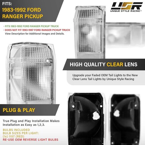 USR UNIQUE STYLE RACING 83-92 Ranger Pick-Up Tail Light - Rear Lamps Pair (Left + Right) Compatible with 1983-1992 Ford Ranger PickUp Truck All Models 1st Gen (CLEAR LENS with RED BULBS) in Kuwait