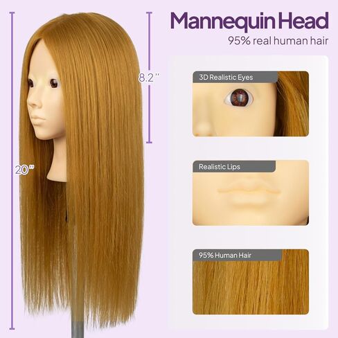 Mannequin Head with 95% Human Hair, 20" Blonde Cosmetology Training Doll for Braiding, Styling, Cutting and Makeup Practice, Clamp Stand Included in Saudi Arabia