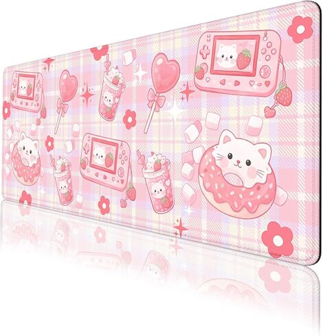 لوحة ماوس Kawaii Cat، سجادة مكتب ألعاب على شكل فراولة كرتونية مضحكة مع حواف مخيطة، قاعدة ماوس مطاطية مضادة للانزلاق مقاومة للماء، مقاس 35.4 × 15.7 بوصة لألعاب مكتب المنزل والمكتب in Kuwait