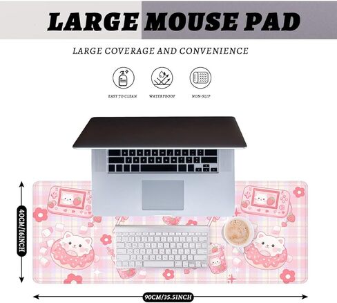 لوحة ماوس Kawaii Cat، سجادة مكتب ألعاب على شكل فراولة كرتونية مضحكة مع حواف مخيطة، قاعدة ماوس مطاطية مضادة للانزلاق مقاومة للماء، مقاس 35.4 × 15.7 بوصة لألعاب مكتب المنزل والمكتب in Kuwait