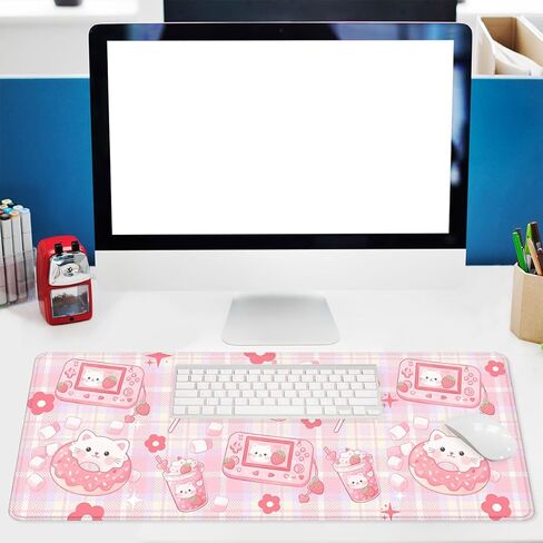لوحة ماوس Kawaii Cat، سجادة مكتب ألعاب على شكل فراولة كرتونية مضحكة مع حواف مخيطة، قاعدة ماوس مطاطية مضادة للانزلاق مقاومة للماء، مقاس 35.4 × 15.7 بوصة لألعاب مكتب المنزل والمكتب in Kuwait