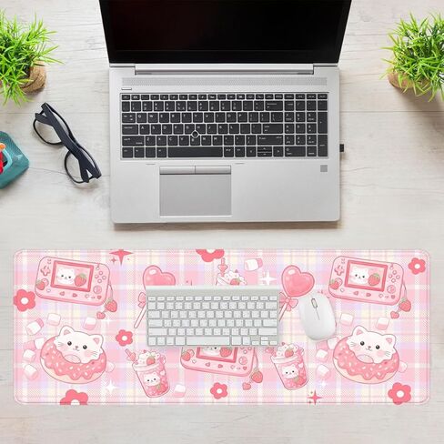 لوحة ماوس Kawaii Cat، سجادة مكتب ألعاب على شكل فراولة كرتونية مضحكة مع حواف مخيطة، قاعدة ماوس مطاطية مضادة للانزلاق مقاومة للماء، مقاس 35.4 × 15.7 بوصة لألعاب مكتب المنزل والمكتب in Kuwait