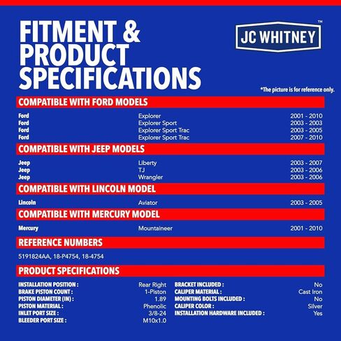 JC Whitney JFBAJCWBC00496 فرجار الفرامل الخلفي الأيمن - متوافق مع Ford Explorer 2001-2010، Explorer Sport 2003، Jeep Wrangler TJ 2003-2006، Liberty 2003-2007، Lincoln Aviator 2003-2005 in Kuwait