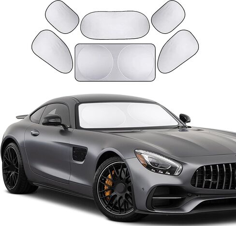 6PCS Car Windshield Sunshade, Foldable Vehicle Side Window Sun Shade with Storage Bag for Front & Rear Windshields, Privacy Protection Cover Block UV Rays, Keep Cool for Most Cars in Kuwait