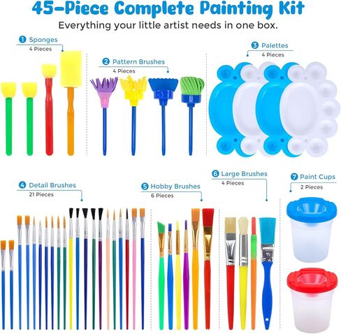 BigOtters Painting Brushes, 45PCS Kids All Purpose Paint Supplies Include Paint Cups with Lids Palette Tray Multi Sizes Paint Brush Set for Kids Gifts School Prizes Art Party in Saudi Arabia