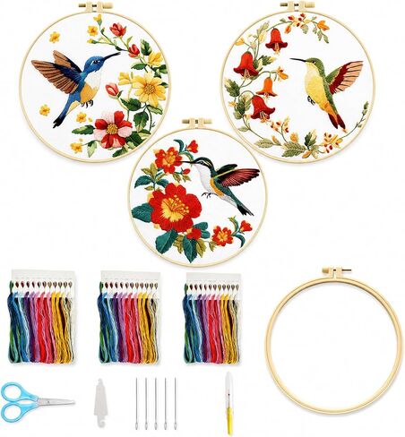 3 Pack Hummingbird Embroidery Kit for Adults Beginners, Floral DIY Cross Stitch Starter Kit with Patterned Cloth, 1 Embroidery Hoop,Threads, Needles and Instructions, Bird Needlepoint Craft Decor Gift in Saudi Arabia