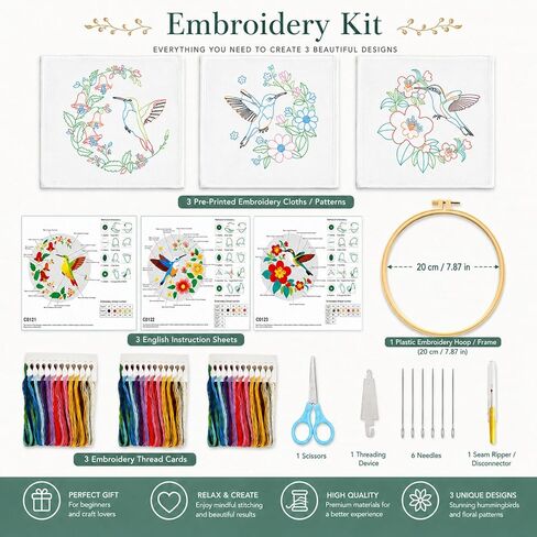 3 Pack Hummingbird Embroidery Kit for Adults Beginners, Floral DIY Cross Stitch Starter Kit with Patterned Cloth, 1 Embroidery Hoop,Threads, Needles and Instructions, Bird Needlepoint Craft Decor Gift in Saudi Arabia