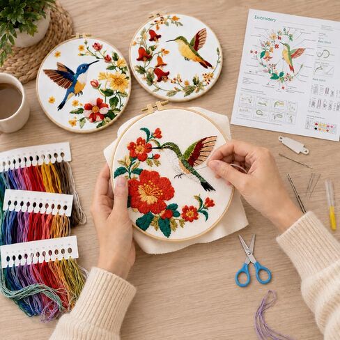3 Pack Hummingbird Embroidery Kit for Adults Beginners, Floral DIY Cross Stitch Starter Kit with Patterned Cloth, 1 Embroidery Hoop,Threads, Needles and Instructions, Bird Needlepoint Craft Decor Gift in Saudi Arabia