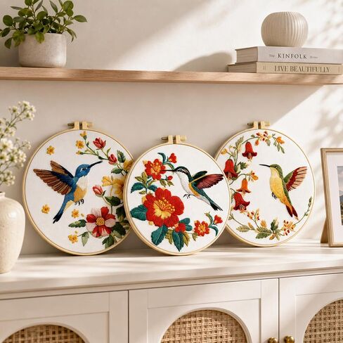 3 Pack Hummingbird Embroidery Kit for Adults Beginners, Floral DIY Cross Stitch Starter Kit with Patterned Cloth, 1 Embroidery Hoop,Threads, Needles and Instructions, Bird Needlepoint Craft Decor Gift in Saudi Arabia