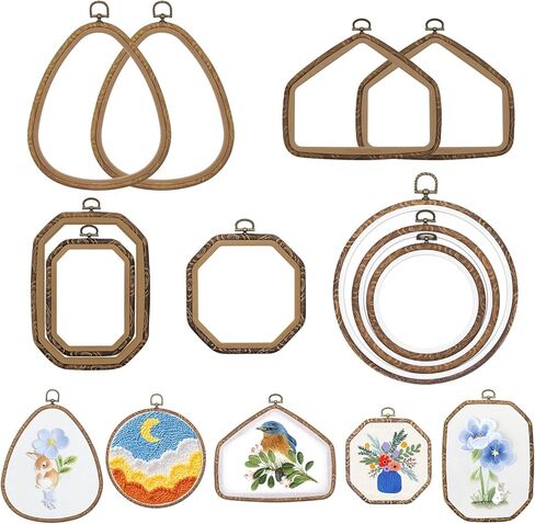 10 Pcs Decorative Embroidery Hoop, Imitated Wood Embroidery Frames, Circle/Octagonal/House/Water Drop Cross Stitch Frame for DIY Craft Sewing & Wall Hanging Decor in Saudi Arabia