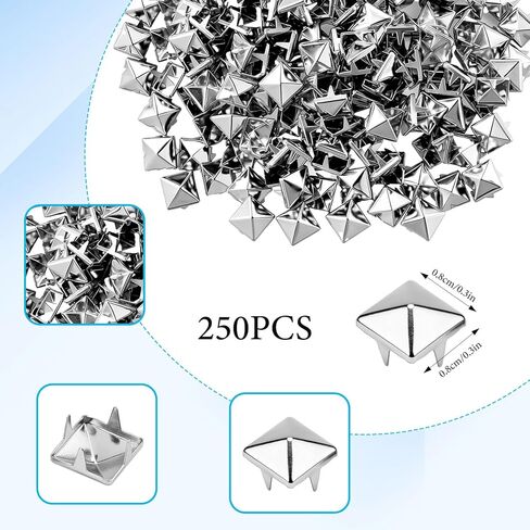 250Pcs 8mm Square Pyramid Studs for Clothing, Metal Claw Nailhead Spike Rivets Studs for Fabric Punk Rock Clothing Leather Shoes Bag DIY Craft Accessories (Silver) in Saudi Arabia