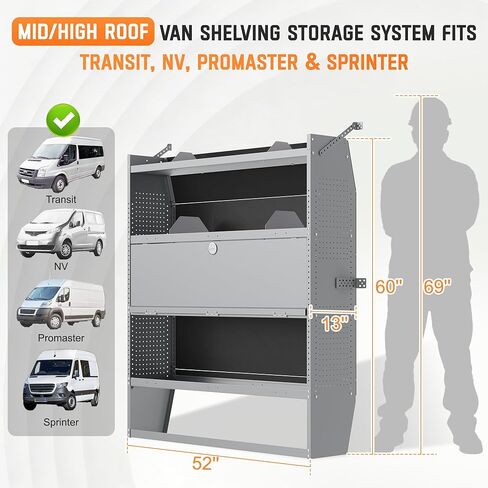 Cargo Van Shelving with Lockable Door Kits,Fit Transit, Nv, Promaster,Sprinter Mid/High Roof,Adjustable Heavy-Duty Steel Van Shelving Storage System W/Hooks & Ropes,52" W X 60" H X 13" D in Saudi Arabia