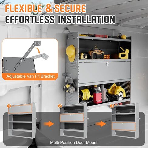 Cargo Van Shelving with Lockable Door Kits,Fit Transit, Nv, Promaster,Sprinter Mid/High Roof,Adjustable Heavy-Duty Steel Van Shelving Storage System W/Hooks & Ropes,52" W X 60" H X 13" D in Saudi Arabia