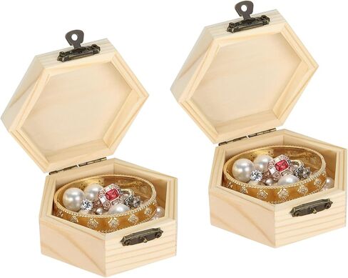 2 Pieces Hexagonal Unfinished Pine Wood Box with Hinged Lid & Metal Latch, Small Wooden Storage Box for Jewelry, DIY Crafts, Home Decor & Keepsakes (2*Small) in Saudi Arabia