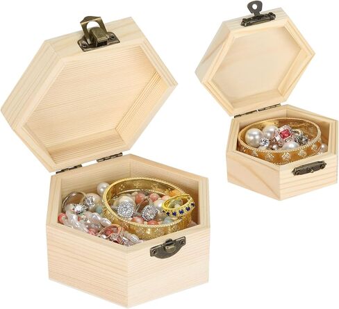 2 Pieces Hexagonal Unfinished Pine Wood Box with Hinged Lid & Metal Latch, Small Wooden Storage Box for Jewelry, DIY Crafts, Home Decor & Keepsakes (2*Small) in Saudi Arabia