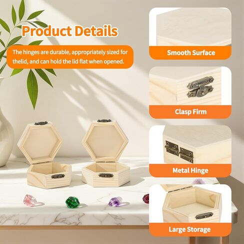 2 Pieces Hexagonal Unfinished Pine Wood Box with Hinged Lid & Metal Latch, Small Wooden Storage Box for Jewelry, DIY Crafts, Home Decor & Keepsakes (2*Small) in Saudi Arabia