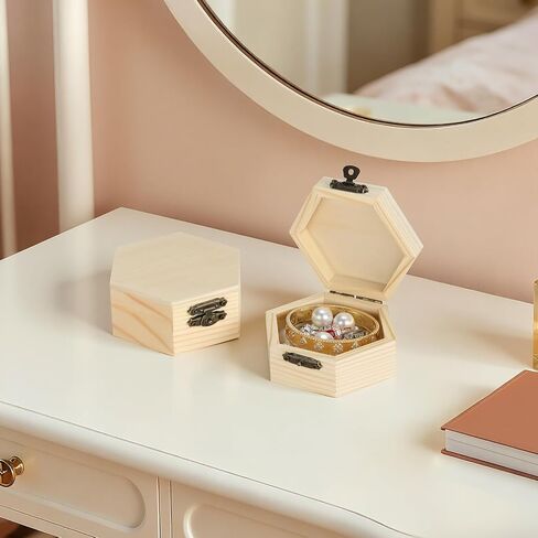 2 Pieces Hexagonal Unfinished Pine Wood Box with Hinged Lid & Metal Latch, Small Wooden Storage Box for Jewelry, DIY Crafts, Home Decor & Keepsakes (2*Small) in Saudi Arabia