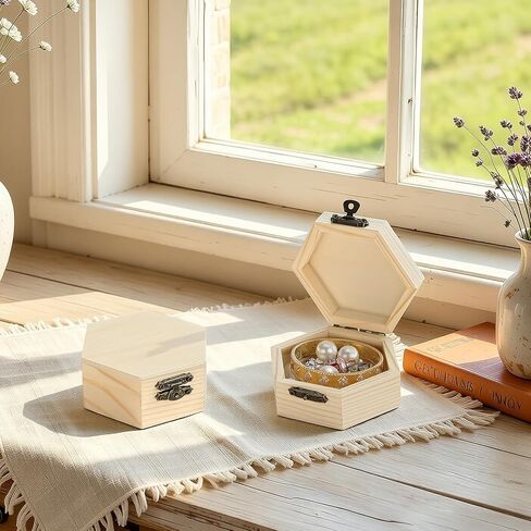 2 Pieces Hexagonal Unfinished Pine Wood Box with Hinged Lid & Metal Latch, Small Wooden Storage Box for Jewelry, DIY Crafts, Home Decor & Keepsakes (2*Small) in Saudi Arabia