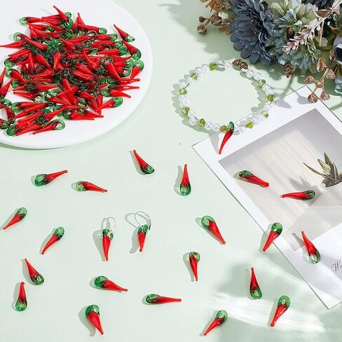 200Pcs Chili Pepper Charms, Glass Red Pepper Pendants Vegetable Charms Bulk Lampwork Beads Pendants 3D Food Jewelry Cute Dangle for DIY Necklace Bracelet Jewelry Making in Saudi Arabia