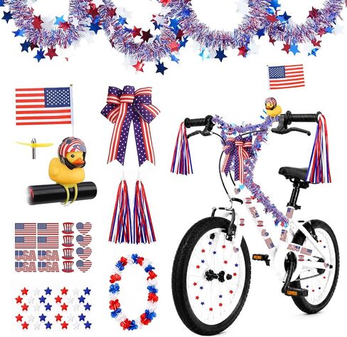 4th of July Bike Decorations for Kids - Parade Patriotic Bicycle Decor Set, Red White Blue Bike Tassels Streamers, Rubber Duck with American Flags, Wheel Spokes Beads, Tinsel Garland, Etc in Saudi Arabia