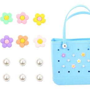 12Pcs Colorful Flowers and Imitation Pearls Charms for Bogg Bags and Simply Southern Totes,Personalise Decorative Inserts Beach Bag Accessories