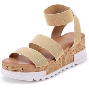 LAICIGO Women’s Open Toe Wedge Platform Sandals Ankle Elastic Strap Cork Flatform Slingback Summer Sandals