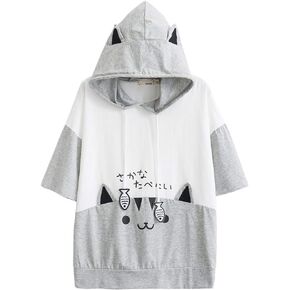 Women Girl Hoodie T-Shirt Japanese Cartoon Cat Harajuku Short Sleeve Tops Tees