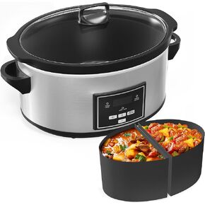 طباخ بطيء قابل للبرمجة بسعة 6 لتر مع مقسم من السيليكون، طباخ بطيء متعدد مع مؤقت، 3 أوضاع للطهي الرقمي البطيء، آمن للغسل في غسالة الأطباق، وعاء سيراميك قابل للإزالة وغطاء زجاجي، فضي in Kuwait