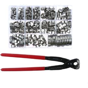 180 Pcs 304 Stainless Steel Single Ear Hose Clamps with Ear Clamps Pincer, 5.3-33.1mm Stepless Cinch Rings Crimp Tool Crimp Hose Clamps Assortment Kit for Automotive, Home Appliance Line and Plumbing