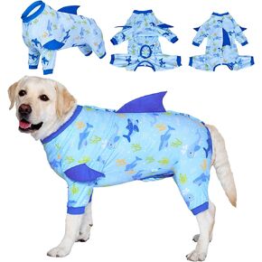 LovinPet Dog Recovery Suit - Dog Bodysuit for Abdominal Wound After Surgery Leg wrap,Wavy Blue,Post-Operative Vest E-Collar Alternative Recovery Shirt,Whale,Blue,L