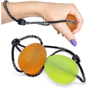 THE EGG ON A THREAD - hand squeezer trainer, grip strengthener, therapy and stress ball two-set. This exerciser is perfect for stress relief, forearm, hand and finger strength, therapy and rehab