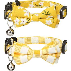 2 Pack Cat Collar Breakaway with Cute Bow Tie Bell Charm, Flower Plaid Collars for Girl Boy Cats Kittens with Adjustable Safety Buckle-Green