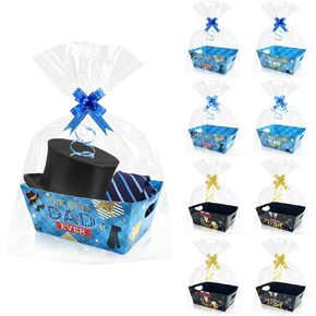CIEOVO 24 Set Happy Father's Day Baskets for Gifts Empty with Cellophane Basket Bags Bows, Happy Father's Day Market Tray Cardboard Basket to Fill for Father's Day Birthday Party Decor