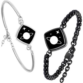 Long Distance Touch Bracelets Jewelry Set, Remote Smart Connection Love Bracelet,Send SOS SMS, Relationship Bracelets Moon Star for Couples Lovers Family Friends Festivals Valentine's Day Gifts Silver