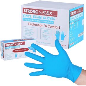 STRONG 'n FLEX® Premium Super-Stretch Vinyl Exam Gloves-Blue-Powder Free-5mil-Thicker-Higher Comfort-Multi-Purpose-1000/cs