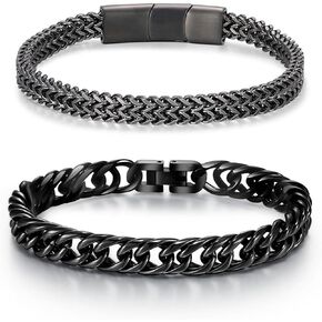 2PCS Bracelets for Men: Stainless Steel Magnetic Clasp Franco Chain in Black & Fold Over Clasp Cuba Silver Chain Mens Bracelet - Ideal Gifts for Dad, Grandpa, Boyfriend, Husband, Son, and Brother