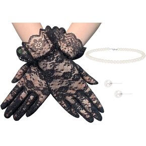 Cizoe Vintage Short Lace Gloves for Women Derby Tea Party Wrist Length Floral Gloves for Wedding Costume Gloves