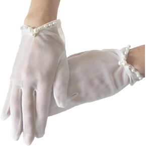 Short White Gloves Sheer Silk Tulle Wedding Gloves with Pearls Edge Elegant Opera Tea Party Gloves for Women Formal Bridal