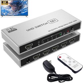 5 Port HDMI 8K Switch with Remote, HDMI 2.1 Switch 4K@120Hz 8K@60Hz HDMI Switcher Splitter 5 in 1 Out, 48Gbps, HDR10+, HDCP 2.3 CEC VRR, for PS5/PS4, Xbox X, TV