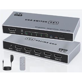 8K HDMI Splitter 5 in 1 Out HDMI Switch - 4k 120Hz HDMI 2.1 Switch Box Port Expander Selector with Remote Support 3D/HDR/HDCP2.3 Vision, Compatible with PS 5/4/3 Xbox Switch DVD Player TV PC