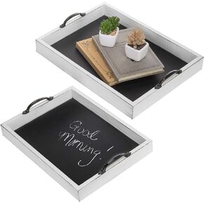 MyGift Vintage Grey Wood Large Decorative Serving Tray with Metal Handles and Chalkboard Surface, Nesting Coffee Table Breakfast Trays, 2-Piece Set