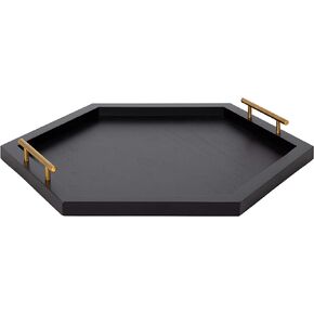 Kate and Laurel Halsey Hexagon Decorative Wooden Tray with Polished Metal Handles, 22 x 19, Black and Gold, Modern Glam Wood Hexagon Serving Tray for Display or Decoration