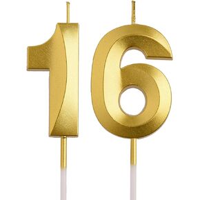 16th Birthday Candles, Gold 3D Number 16 Happy Birthday Candle with Crown, Cake Topper Decorations for Teenagers Boys Girls