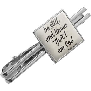 Be Still and Know that I am God Psalm Inspirational Christian Square Tie Bar Clip Clasp Tack- Silver or Gold