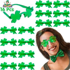 LINAYE 16 Pcs St Patricks Day Shamrock Sunglasses Bulk, Green Shamrock Clover Glasses Kids Adults, St. Patrick’s Day Sunglasses Accessories Decorations Party Favors Supplies