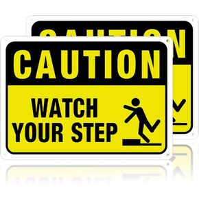 GLOBLELAND 2 Pack Watch Your Step Caution Sign 7x10 inches 30 Mil Aluminum Security Warning Signs for Stairs or Platforms UV Protected and Waterproof for Halloween Decoration