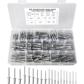 250pcs Stainless Steel Rivets Kit, Aluminum Blind Rivets, Pop Rivets Assortment Kit, 18 Sizes Large Flange Rivet (3/32" 1/8" 5/32" 3/16" 1/4"), Waterproof Rivets for DIY Furniture Maintenance